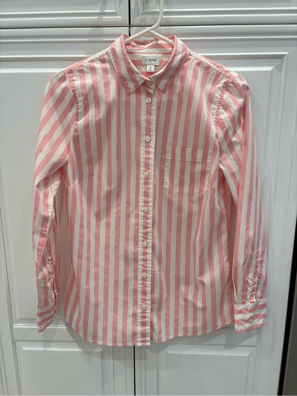 J. Crew Pink and White Vertical Stripe Button-Down Shirt Size S